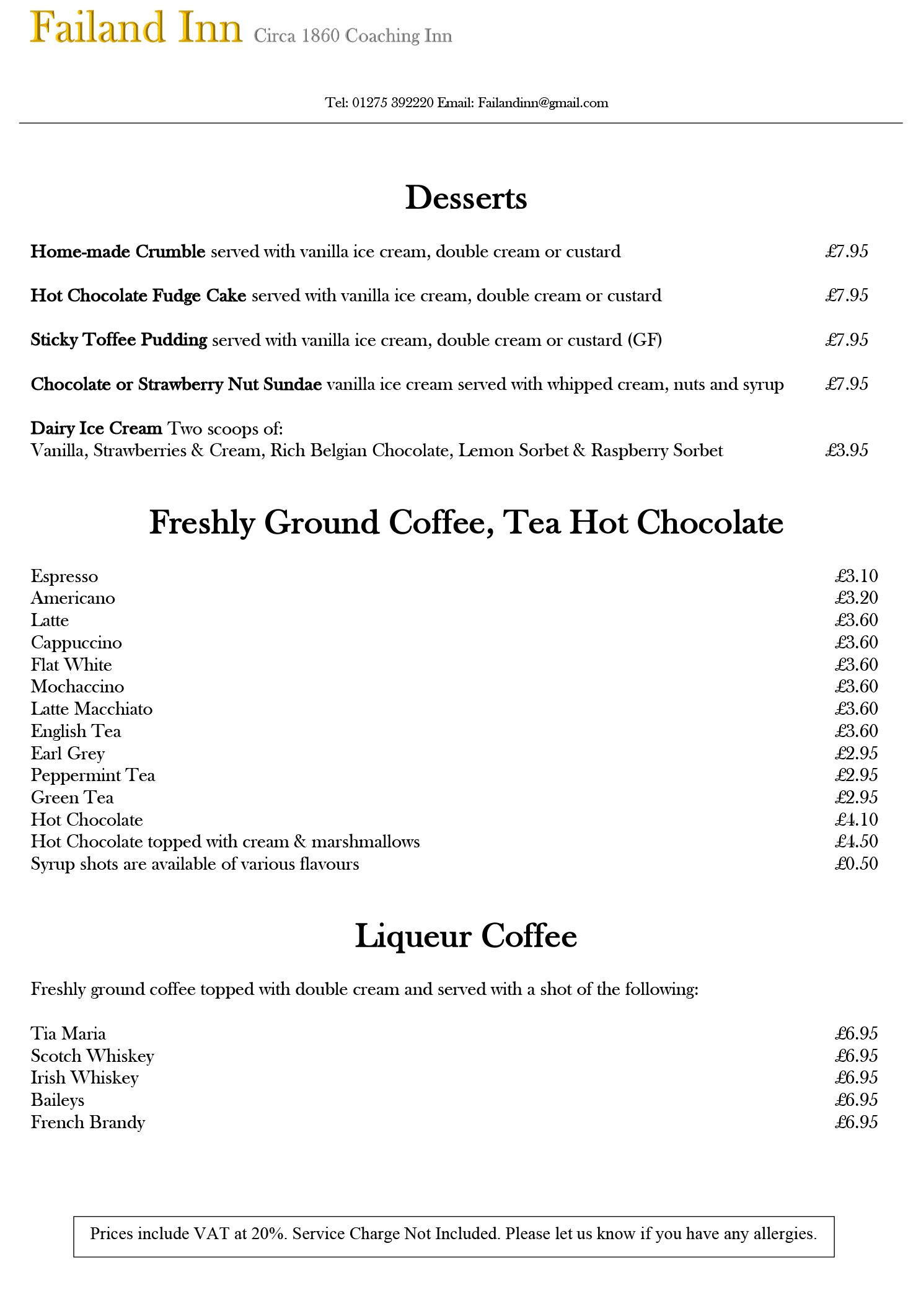Menus – The Failand Inn